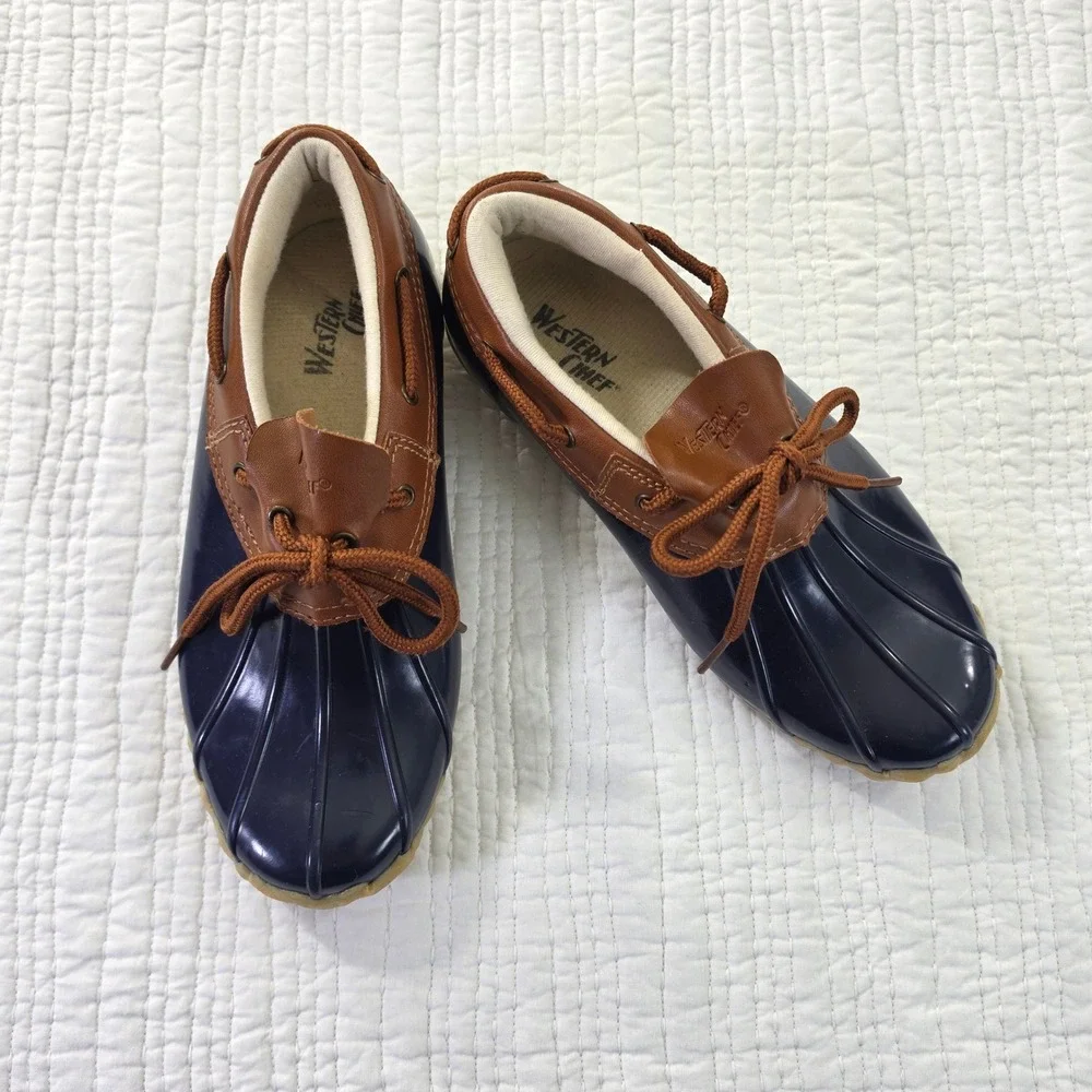 Western Chief Womens 8 One Eye Duck Rain Shoes Navy Brown Low Top Rubber Boots